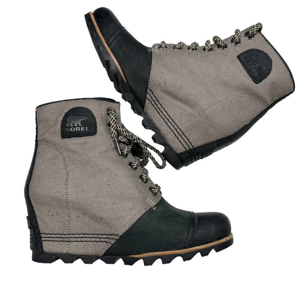 Womens Sorel PDX Wedge Black Noir Leather Canvas Ankle Boot Size 9